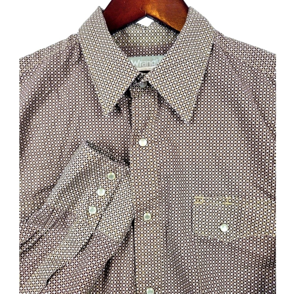 Wrangler Wrancher Western Shirt Large Brown Geometric Print Cowboy‎ Rodeo